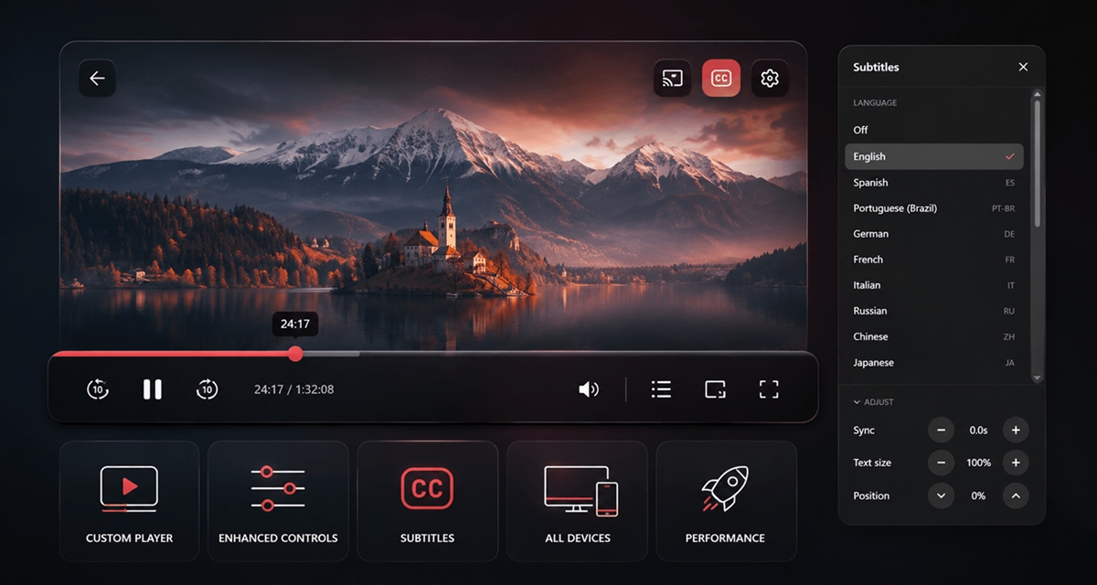 EVStream player update with new control bar, 10-second skip buttons and subtitle panel