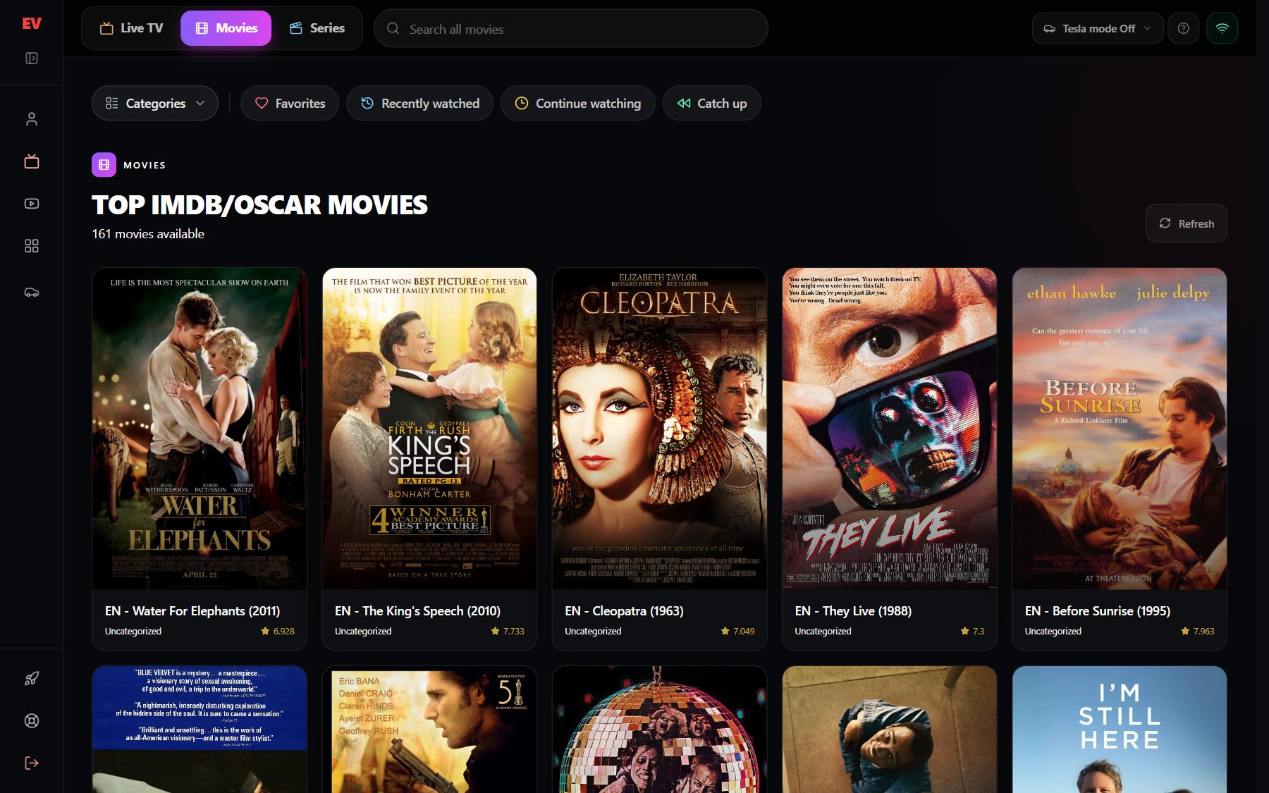 The new EVStream dashboard showing the IPTV player with Live TV, Movies and Series at the top