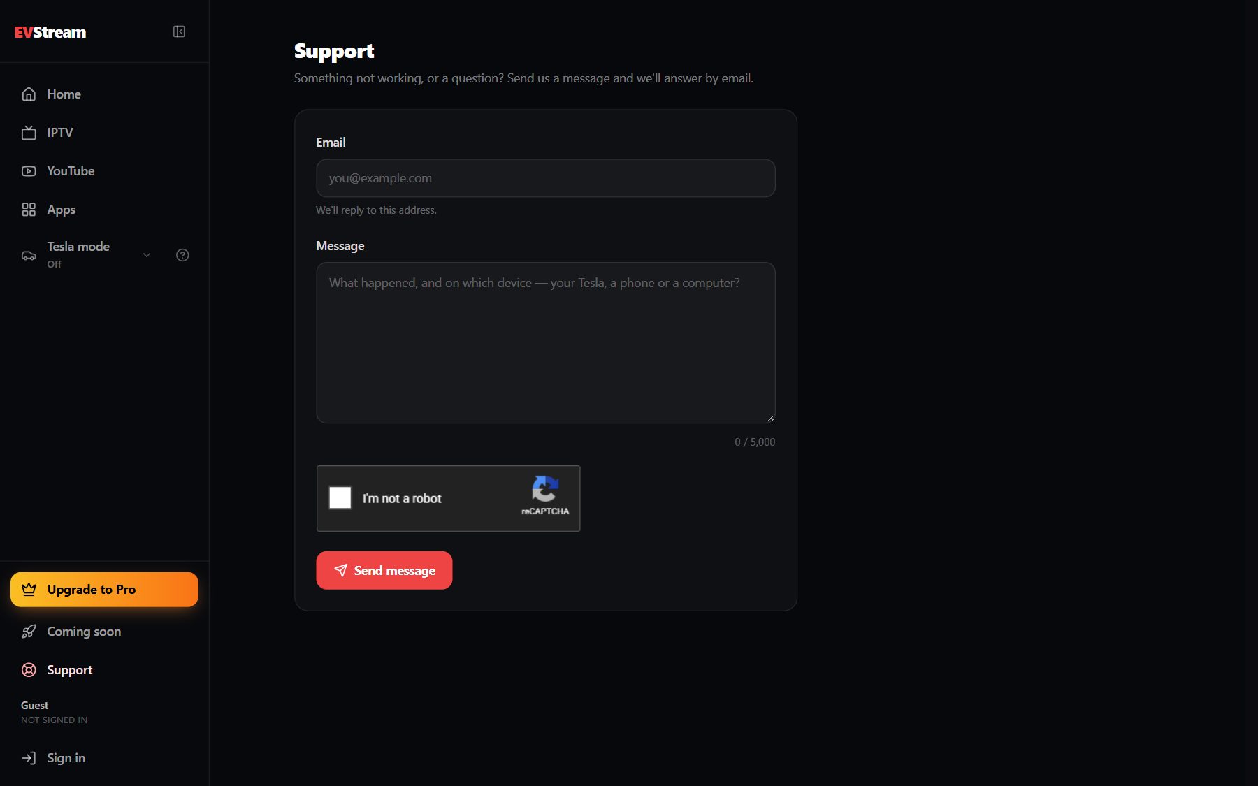 The EVStream Support page with an email field, a message box and a send button
