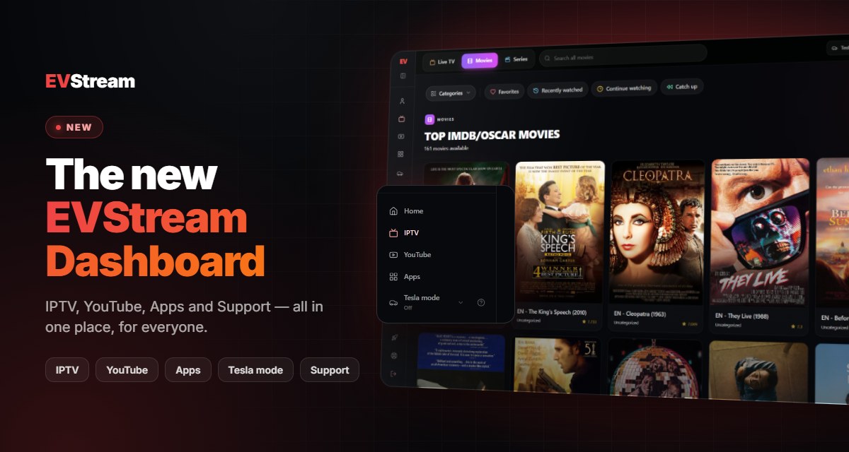 The new EVStream dashboard with the IPTV player and the sidebar menu