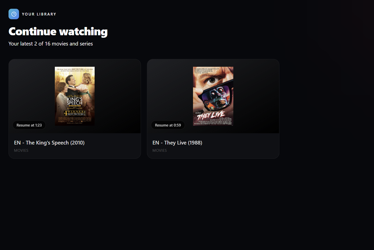 EVStream continue watching row showing in-progress movies and series