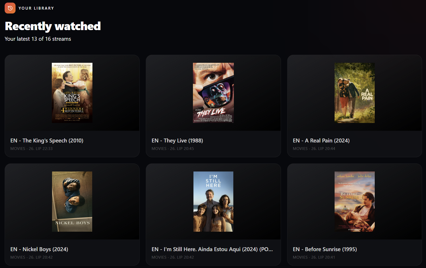 EVStream recently watched dashboard showing recent streams