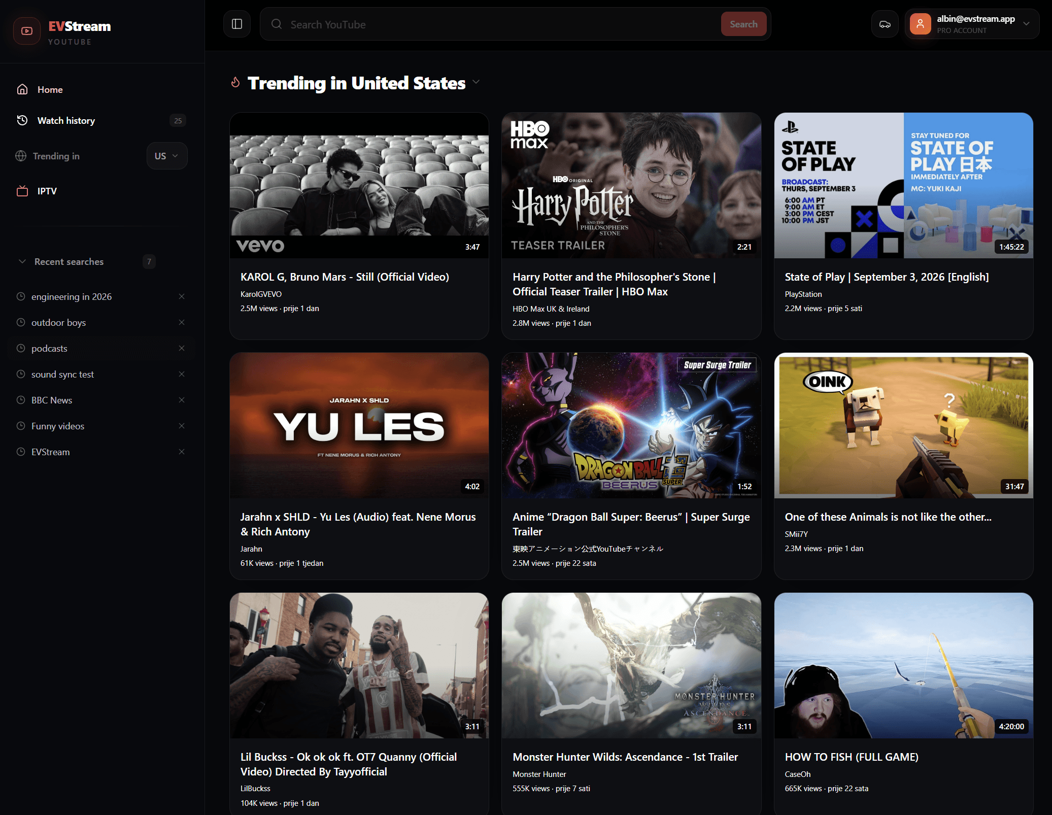 EVStream YouTube browser showing videos playing without ads