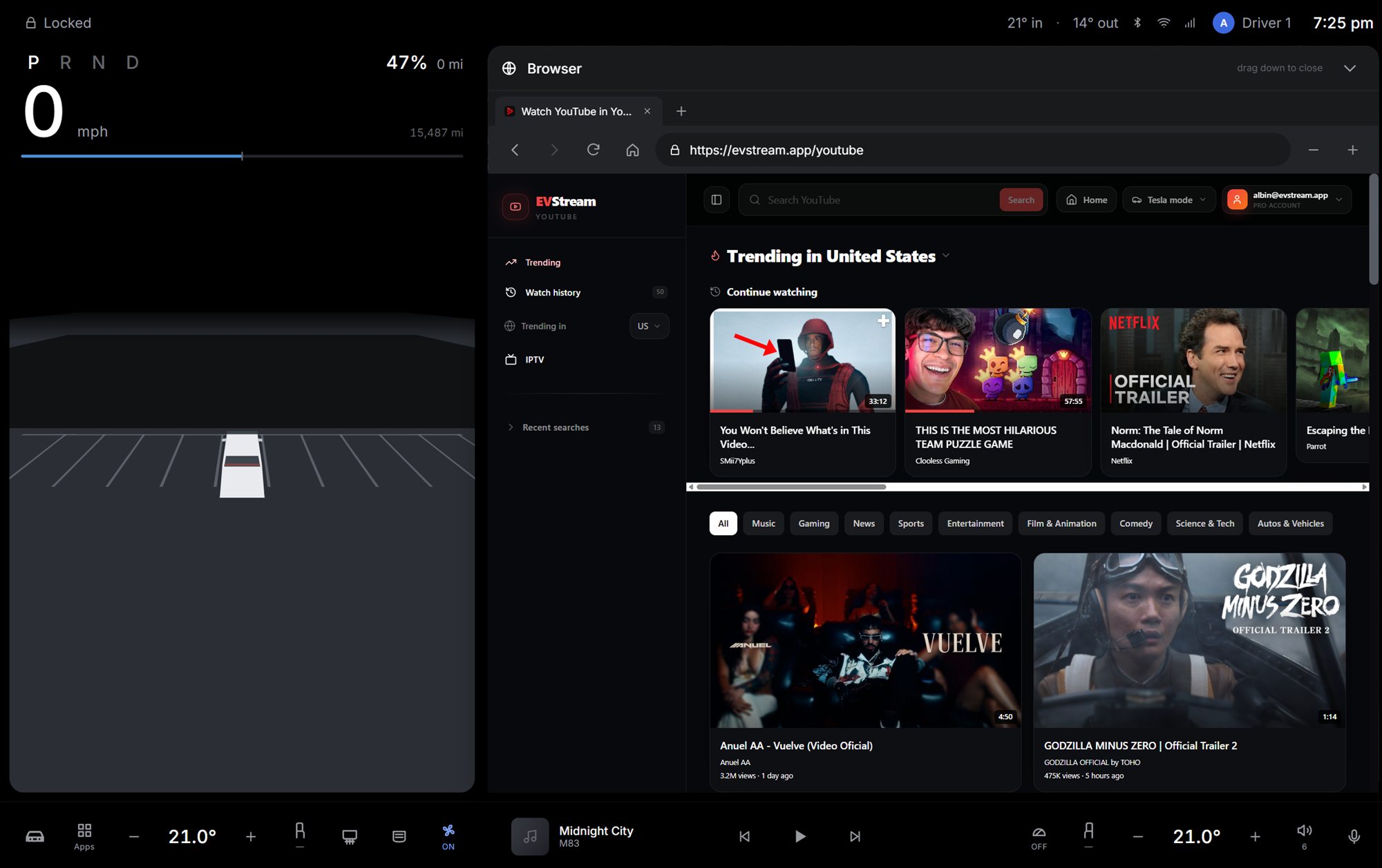 EVStream's YouTube player open in a parked Tesla's browser